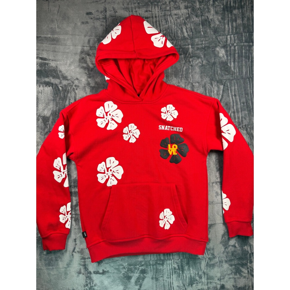 Snatched Hoodie Unisex Youth L 14-16 Red Floral Print Love Patch Sweatshirt